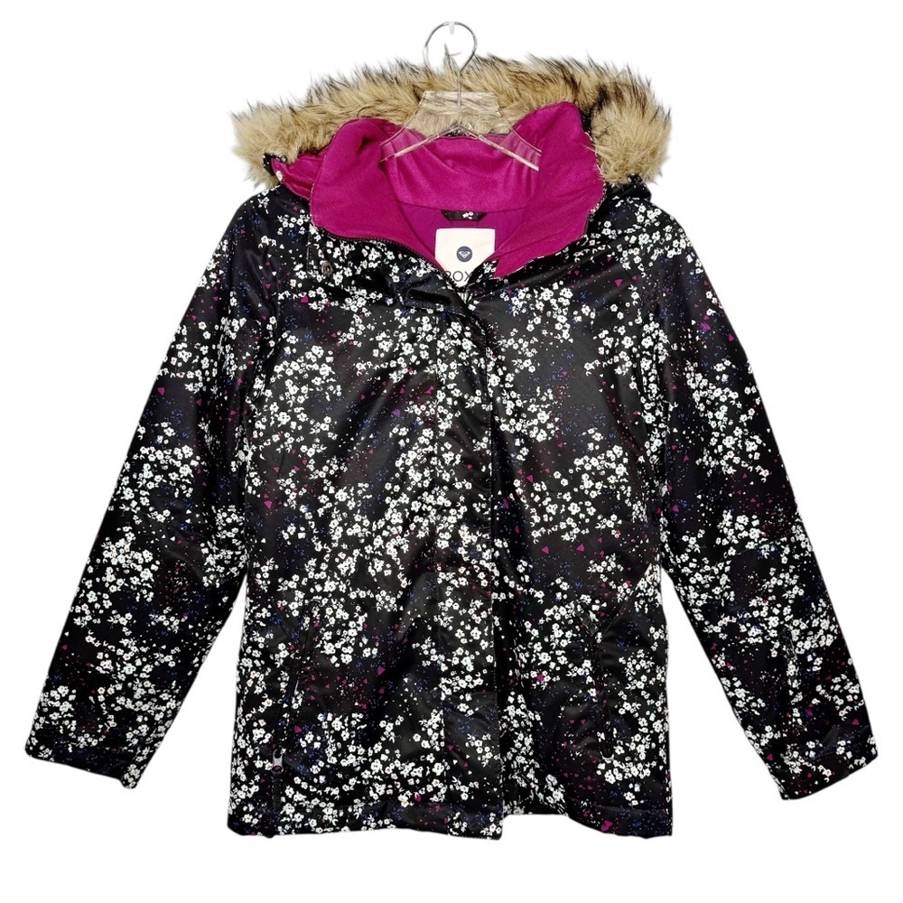 Roxy Black Floral Dry Flight Girl’s Snowboarding Faux Fur Hooded Jacket Sz XXL